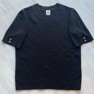 NWT Anne Klein Short Sleeve Diamond Pattern Sweater with Gold Buttons Black L